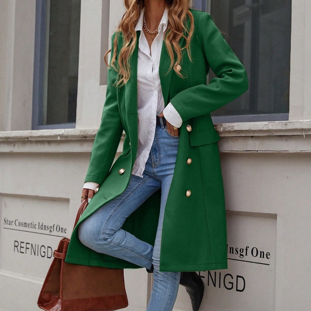 Classic Green Double Button Solid Faux Pockets Jacket Coat - Picture 4 of 5